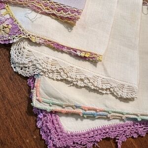 5 Vintage Handkerchiefs with Hand Crocheted Edging
